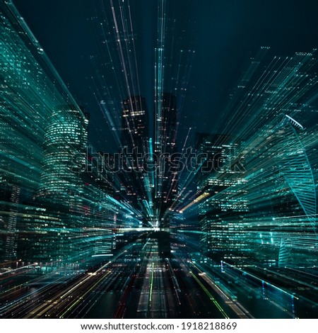 Hi-tech abstract green background. Cityscape of skyscrapers of Moscow City Zooming. . High quality photo