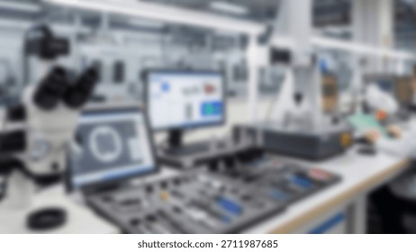 HiTech Lab Microscope with Computer, and Precision Tools Blurred background.