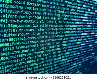 Hi-tech modern screen of data, digits and chars on monitor display. Abstract computer script source code. Front-end applications in the color concept