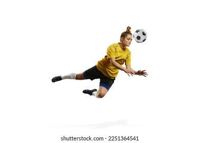 Hitting ball with head. Young woman, professional female football, soccer player in motion, training, playing isolated over white background. Concept of sport, action, motion, goals, competition - Powered by Shutterstock