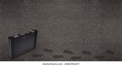 Hitting the pavement looking for work shown by a briefcase the ground with footprints looking for work