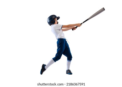 Hitting. Sportive Kid, Beginner Baseball Player In Sports Uniform With Bat Isolated On White Background. Concept Of Sport, Achievements, Competition. School Age Boy Learning To Play Baseball