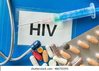 HIV Disease Concept. Many Pills And Drugs Around.