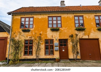 Hjorring, Denmark Nov 24, 2021 The Orange Facade Of A Classic Old Danish House.