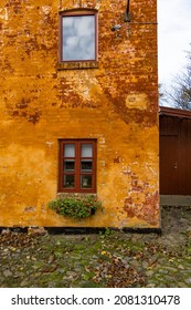 Hjorring, Denmark Nov 24, 2021 The Orange Facade Of A Classic Old Danish House.