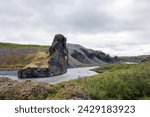 Hljodaklettar scenery, echo rocks or whispering cliffs remains of ancient craters in Iceland, astonishing columnar volcanic formations
