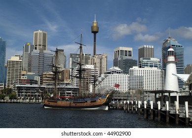 HMB Endeavour in Darling Harbour and skyline from Sydney - Shutterstock ID 44902900