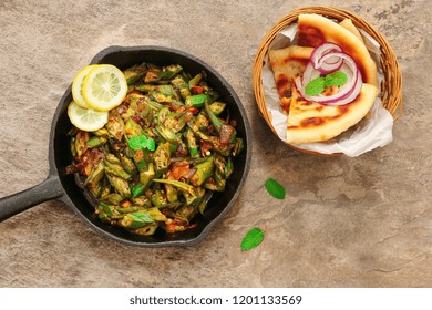 Hmemade Punjabi Bhindi Masala / Okra Fry Served With Paratha Top View