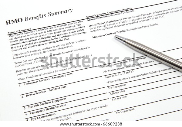 Hmo Benefits Summary Pen Outlining Health | Royalty-Free Stock Image