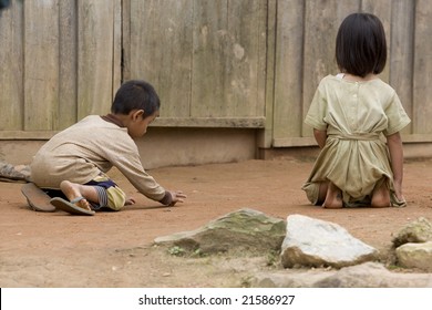 Hmong Children When Playing In Laos