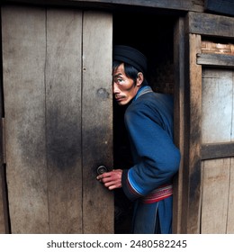 a hmong man walking backward into his house, his face facing back