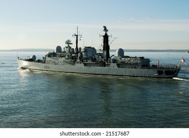 HMS Exeter, British Warship, Leaving Potsmouth Dockyard