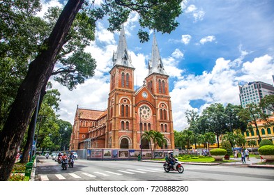 HO CHI MINH CITY (SAIGON), VIETNAM - JULY 2017 : Notre Dame Cathedral (Vietnamese: Nha Tho Duc Ba), build in 1883 in Ho Chi Minh city, Vietnam. The church is established by French colonists.