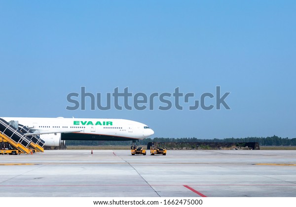 Ho Chi Minh City (Saigon),\
Vietnam. 03.01.2020 EVA air Boeing Dreamliner taxiing at Ho Chi\
Minh Airport in Vietnam. Airplane on the runway,\
departure.