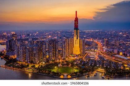 Ho Chi Minh City, Viet Nam, April 30th 2021: Beautiful Sunset at Landmarks 81 Ho Chi Minh City,  the tallest building in Vietnam, with Vietnam flag on the top building.