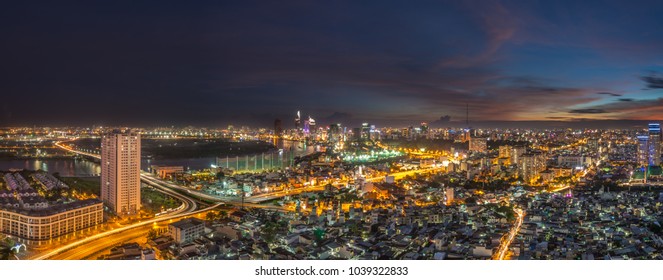 Ho Chi Minh City, Vietnam - March 25, 2017 : Aerial view of Ho Chi Minh city, Vietnam in sunrise or sunset