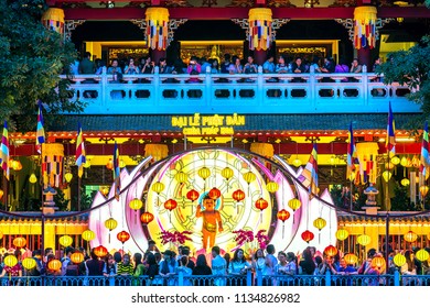Ho Chi Minh City, Vietnam - May 28, 2018: Buddha's Birthday attracts many Buddhists to crowded to visit, revered Buddha in the evening at Phap Hoa Temple in Ho Chi Minh City, Vietnam.