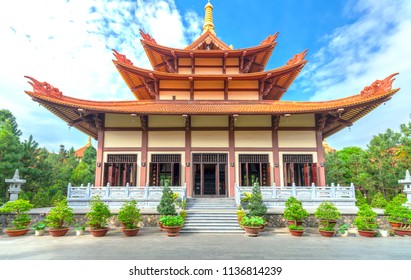 Ho Chi Minh City, Vietnam - May 29, 2018: Architecture temple in morning Buddha's birthday decorated flowers, flags, front yard attracted Buddhists visit cultural spiritual in Ho Chi Minh, Vietnam