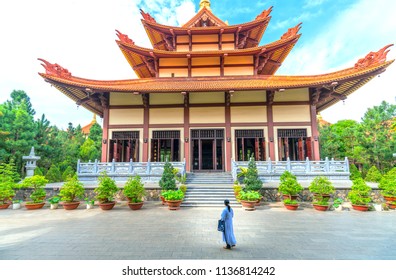 Ho Chi Minh City, Vietnam - May 29, 2018: Architecture temple in morning Buddha's birthday decorated flowers, flags, front yard attracted Buddhists visit cultural spiritual in Ho Chi Minh, Vietnam
