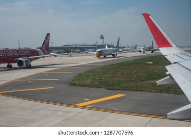 Ho Chi Minh City / Vietnam 24 Dec. 2018: Planes Are Queuing On The Tarmac Before Take Off.