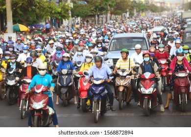 Ho Chi Minh City, Vietnam - April 13, 2016 : Many People In Vietnam Ride Motorbikes,Busy Motorbike Traffic.