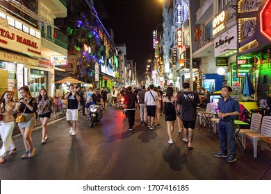Ho Chi Minh City, Vietnam -  January 30th 2020: Young People Walking Down The Crowded Bui Vien Street, Famous For Its Loud Nightlife.