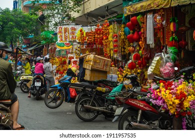 Ho Chi Minh city, Vietnam - 7 Feb 2021: View of people in Cholon Chinatown Market before Tet. Biggest place selling decorate for Vietnamese Lunar New Year in Cholon (Binh Tay Market), District 05
