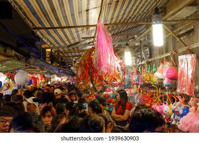 Ho Chi Minh City, Vietnam - September 12th 2019: Crowd at a night market by the mid-autumn festival