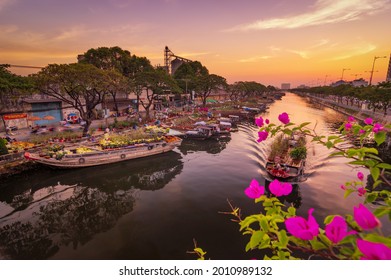 Ho Chi Minh city - Vietnam - January 30 2019: Binh Dong floating flower market only opens one time a year, before Vietnamese Tet holiday.