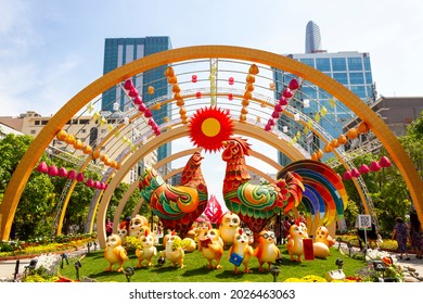 Ho Chi Minh City, Vietnam - ‎January 27, 2017 : Decoration At Main Entrance With Family Chicken Sculpture in Nguyen Hue Flower Street Festival In Ho Chi Minh City During Lunar New Year (Tet Holidays)