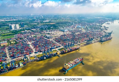 Ho Chi Minh City, Vietnam - June 1st, 2022: Aerial View Of Cat Lai Port With Cargo Ship And Container. Large Import-export Port Important For Economic Development In Ho Chi Minh City, Vietnam