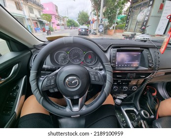 Ho Chi Minh City, Vietnam - 07 August 2022: In The Cabin Of A Car, Mazda 6, The Expensive Car. Own A Car Is A Dream To Many People In Vietnam.