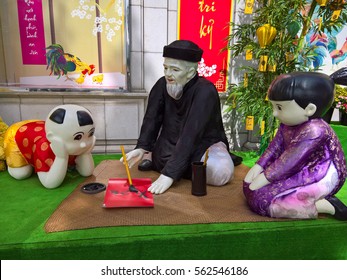 Ho Chi Minh city, Vietnam - Jan 22, 2016: : Atmosphere of springtime with colorful scene on Saigon street, Vietnamese woman in ao dai, posing beside flower to take photo on Tet holiday