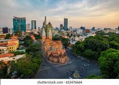 Ho Chi Minh City, Vietnam - MAR 2017: View a part of Notre Dame Cathedral from above, Nha Tho Duc Ba, build in 1883