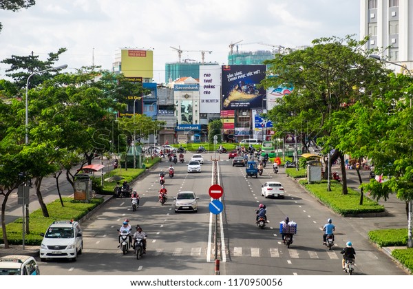 Ho Chi Minh\
City, Vietnam - 2 Sep 2018: The crowded streets of Ho Chi Minh\
City, Vietnam. Ho Chi Minh City is the largest city of Vietnam with\
the population over 14 millions\
citizens