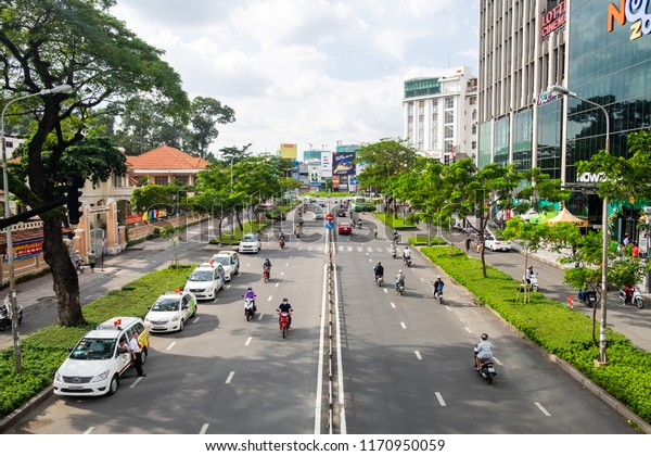 Ho Chi Minh\
City, Vietnam - 2 Sep 2018: The crowded streets of Ho Chi Minh\
City, Vietnam. Ho Chi Minh City is the largest city of Vietnam with\
the population over 14 millions\
citizens