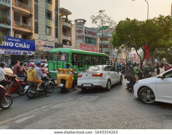 HO CHI MINH CITY,\
VIETNAM. January 17, 2019. Heavy traffic on the streets of Ho Chi\
Minh City (Saigon). Scooters and bikes are the most common vehicles\
used in Vietnam. 
