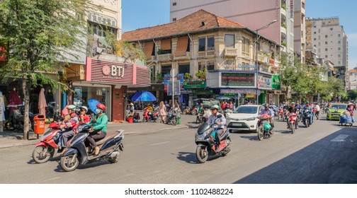 Ho Chi Minh, Vietnam - January 12, 2018: View of the crowded streets of Ho Chi Minh filled with people and shops