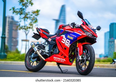 Ho Chi Minh, VIETNAM - MAY 22 2022 - Focus the cbr 150r 2021 motorbike is a motorbike from Honda. Very dashing and colorful.
