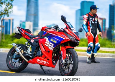 Ho Chi Minh, VIETNAM - MAY 22 2022 - Focus the cbr 150r 2021 motorbike is a motorbike from Honda. Very dashing and colorful.