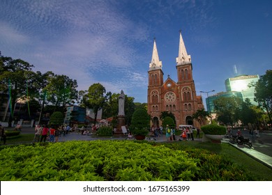 Ho Chi Minh, Vietnam - November 20, 2019: Notre Dame Cathedral (Vietnamese: Nha Tho Duc Ba) in the morning, build in 1883 in Ho Chi Minh city, Vietnam. The church is established by French colonists.