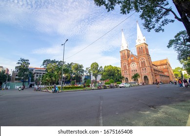 Ho Chi Minh, Vietnam - November 20, 2019: Notre Dame Cathedral (Vietnamese: Nha Tho Duc Ba) in the morning, build in 1883 in Ho Chi Minh city, Vietnam. The church is established by French colonists.