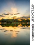 Hoan Kiem Lake ( Ho Guom) or Sword lake in the center of Hanoi in cinematic sunset sky. Hoan Kiem Lake is a famous tourist place in Hanoi.