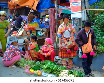 Hoang Su Phi, Ha Giang province, Vietnam - October 2, 2016: The ethnic minority people set out the agricultural products by themselves at the Sunday fair, who sell and exchange their homemade products