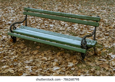 Hoarfrost covered empty park bench in a cold winter day. Lonely bench and fallen dry leaves in park.