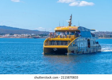 HOBART, AUSTRALIA, FEBRUARY 22, 2020: Ferry Bringing Tourists To MONA Gallery In Hobart, Australia