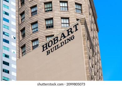 Hobart Building Sign On Facade Of An Office High Rise Building Located At 582 592 Market Street - San Francisco, California, USA - 2021