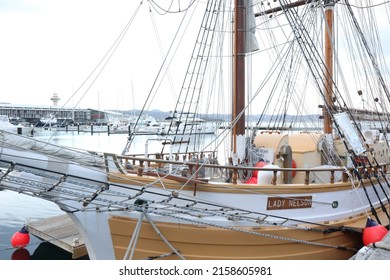 Hobart, Tasmania Australia - 17 May 2022 - Historic Lady Nelson sailing boat in Sullivan Cove on Salamanca Harbour Wharf