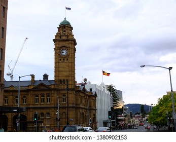 Hobart, Tasmania / Australia - 9th November 2018 - Post Office And White Building With Aboriginal Flag