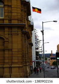 Hobart, Tasmania / Australia - 9th November 2018 - Post Office And White Building With Aboriginal Flag